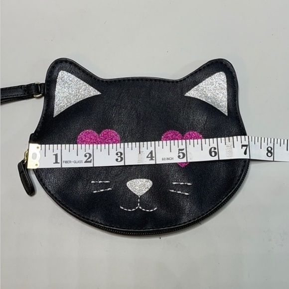 BETSEY JOHNSON LUV PURSE BLACK CAT WRISTLET KEY BAG PINK GLITTER HEART EYES NEW - Picture 9 of 10